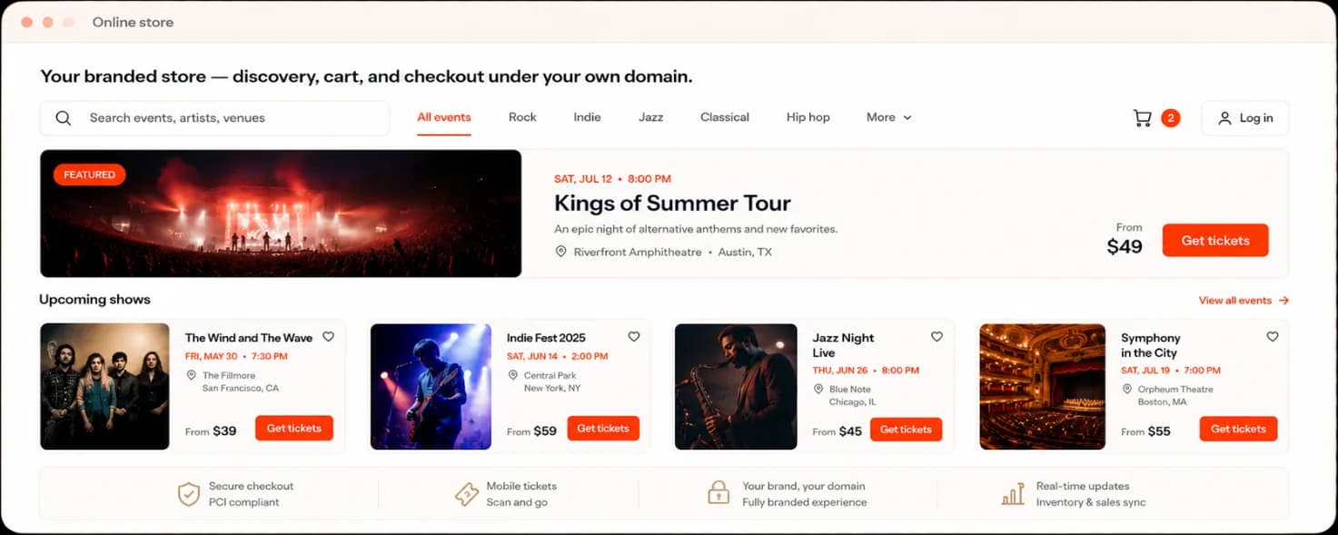 Your branded store — discovery, cart, and checkout under your own domain.