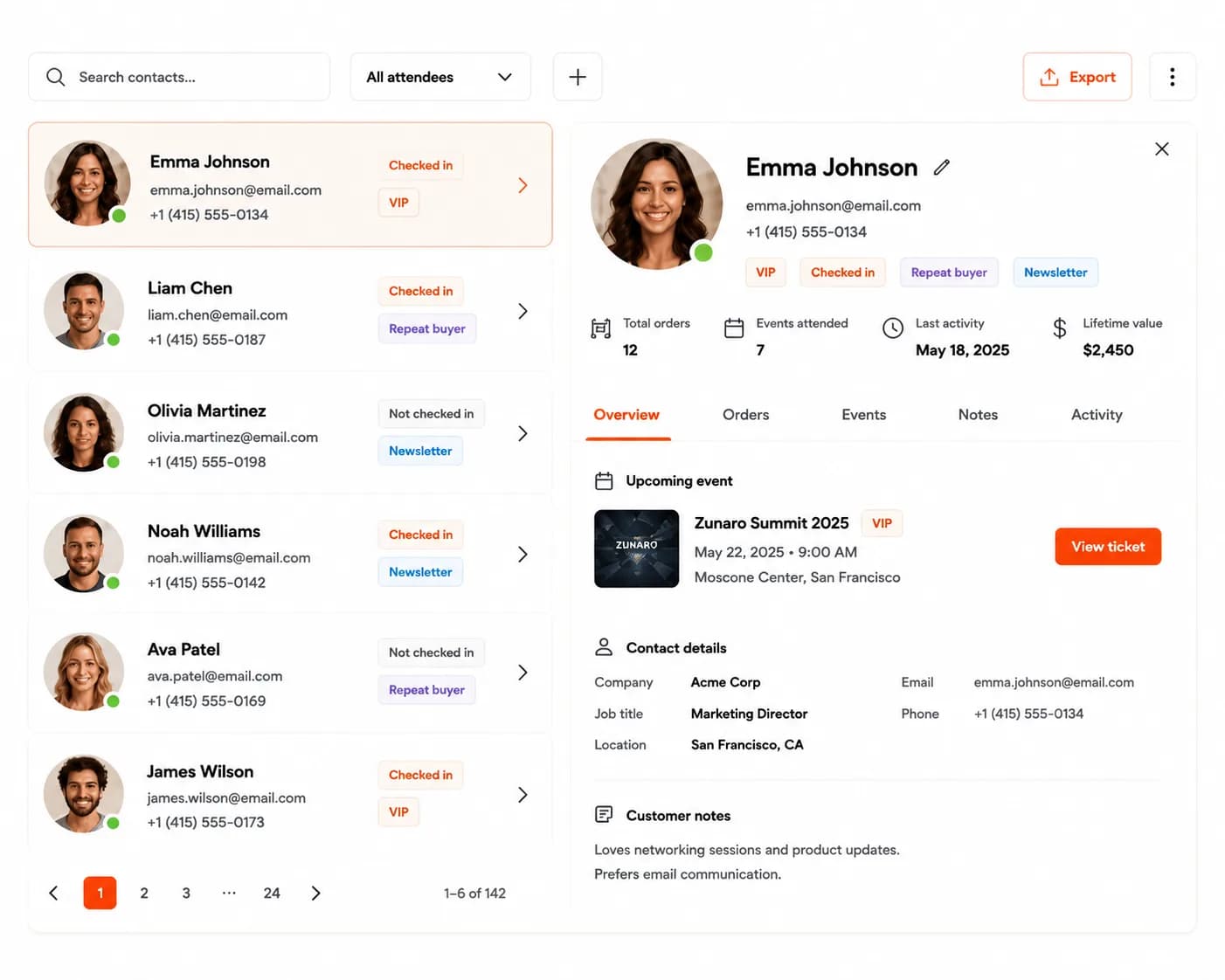 A searchable attendee list tagged by check-in status, VIP, repeat buyer and newsletter, beside the selected contact's full profile — total orders, events attended, last activity and lifetime value, with their upcoming event, contact details and customer notes