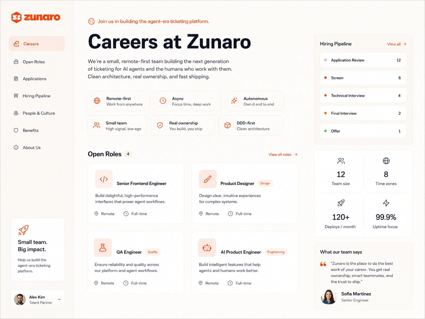 Careers at Zunaro — a remote-first team page with culture chips (remote-first, async, autonomous, small team, real ownership, DDD-first), four open roles including Senior Frontend Engineer and AI Product Engineer, a live hiring pipeline from application review to offer, team stats across 8 time zones with 120+ deploys a month, and a testimonial from a senior engineer