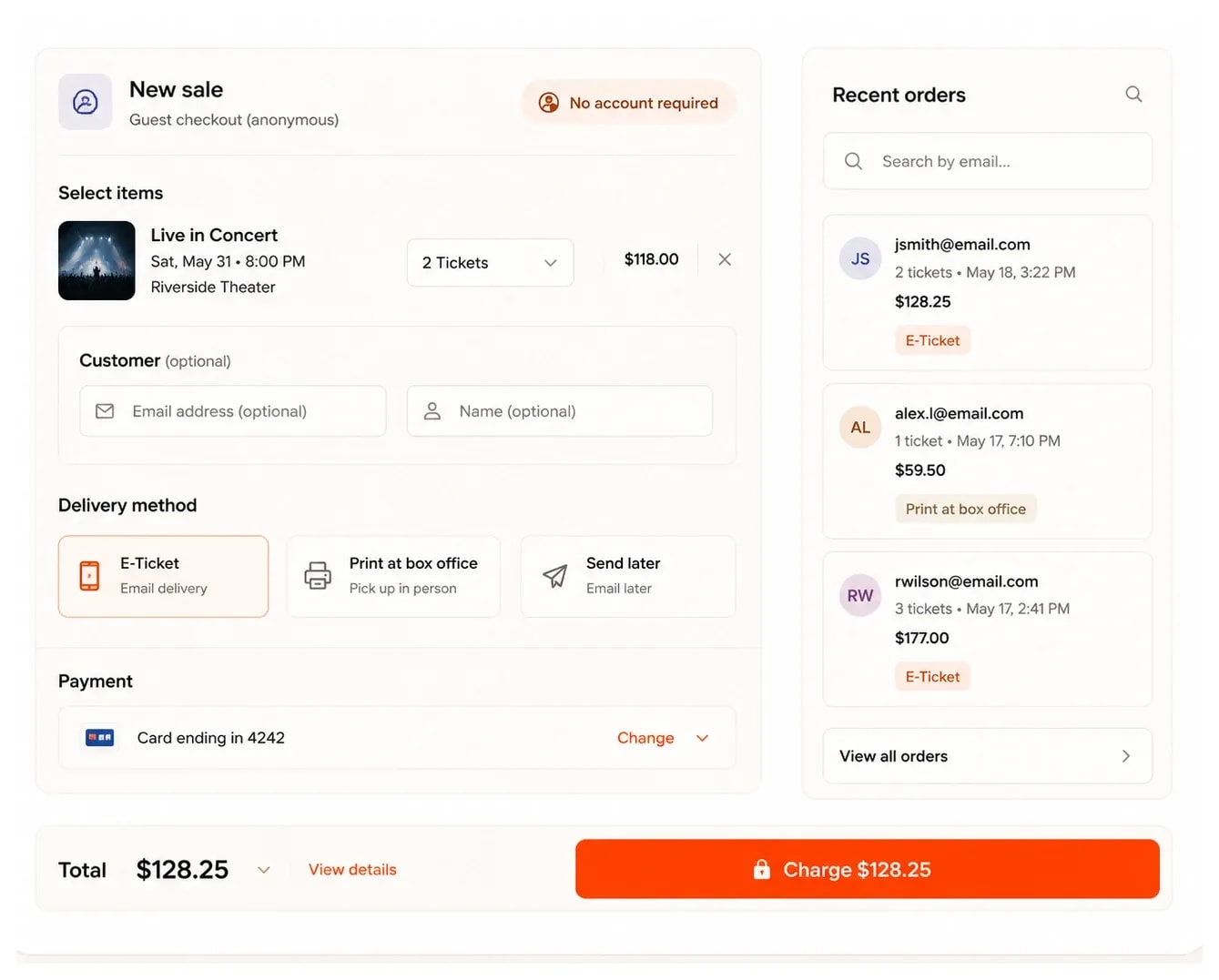 A guest-checkout box-office sale marked "No account required", with customer email and name both optional, E-Ticket, print-at-box-office and send-later delivery options, a saved card, and a recent-orders panel searchable by email for reprints