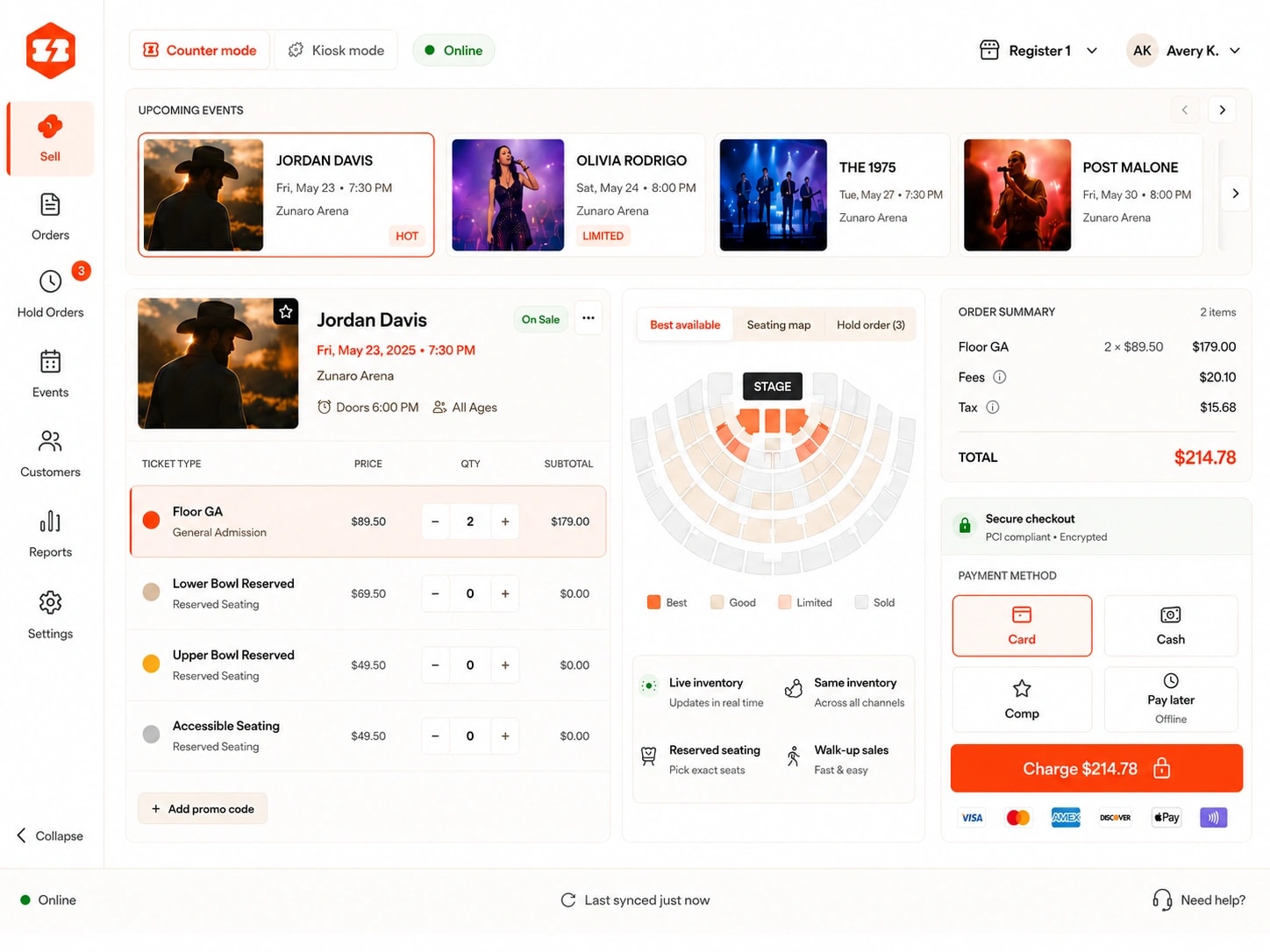 Box office counter app: Counter and Kiosk modes, an upcoming-events rail, ticket-type quantities with a live seating map, and an order summary with card, cash, comp and pay-later tenders ready to charge
