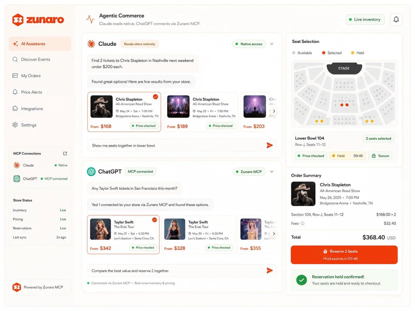 An agentic-commerce view with Claude reading the store natively and ChatGPT connected via the Zunaro MCP — each finding live, price-checked events for Chris Stapleton and Taylor Swift — beside a seat-selection map and an order summary holding two seats ready to reserve
