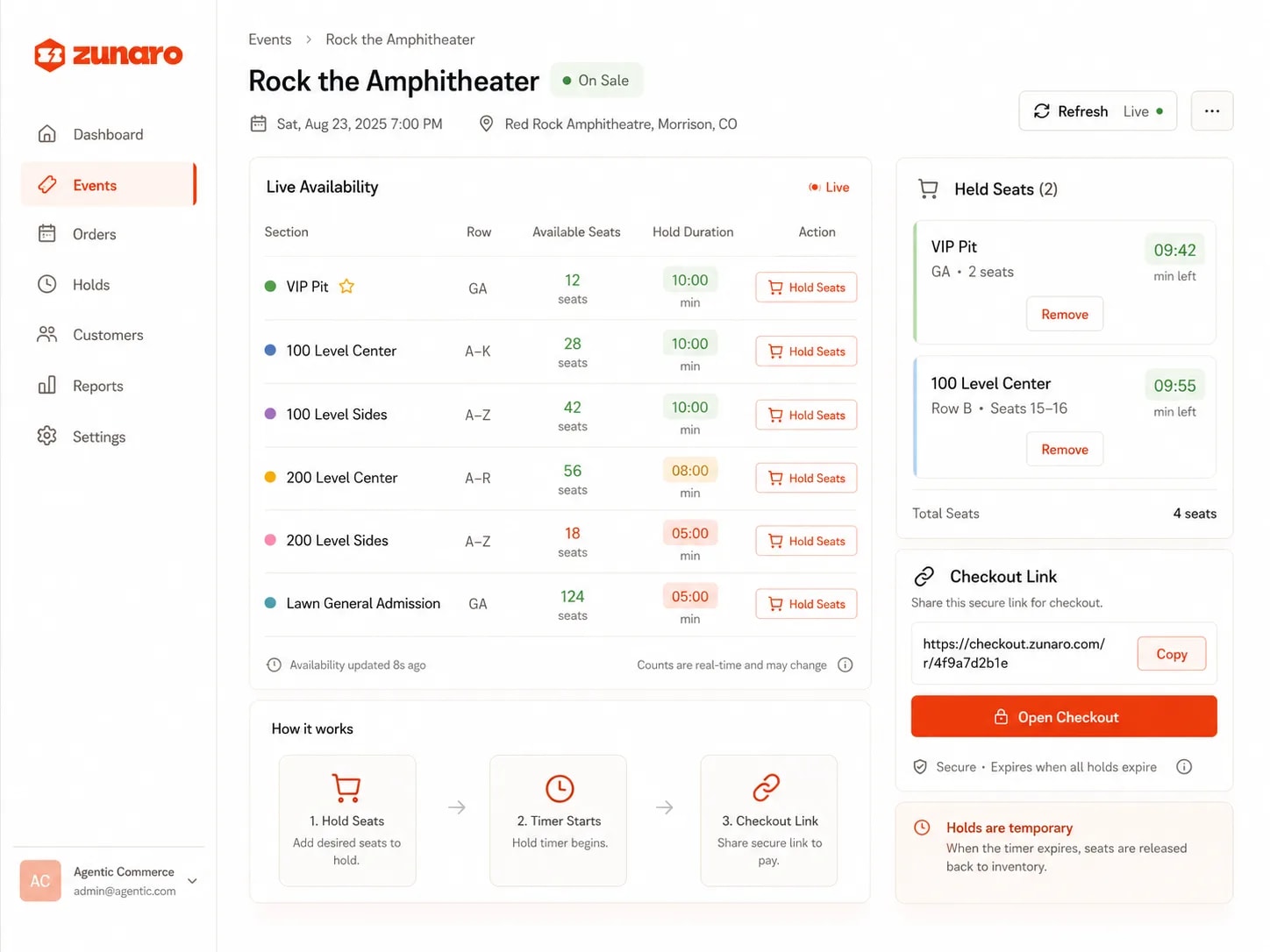 A live availability table for Rock the Amphitheater listing real seat counts and hold durations per section, beside two held seat blocks counting down their expiry and a shareable secure checkout link for the buyer to pay
