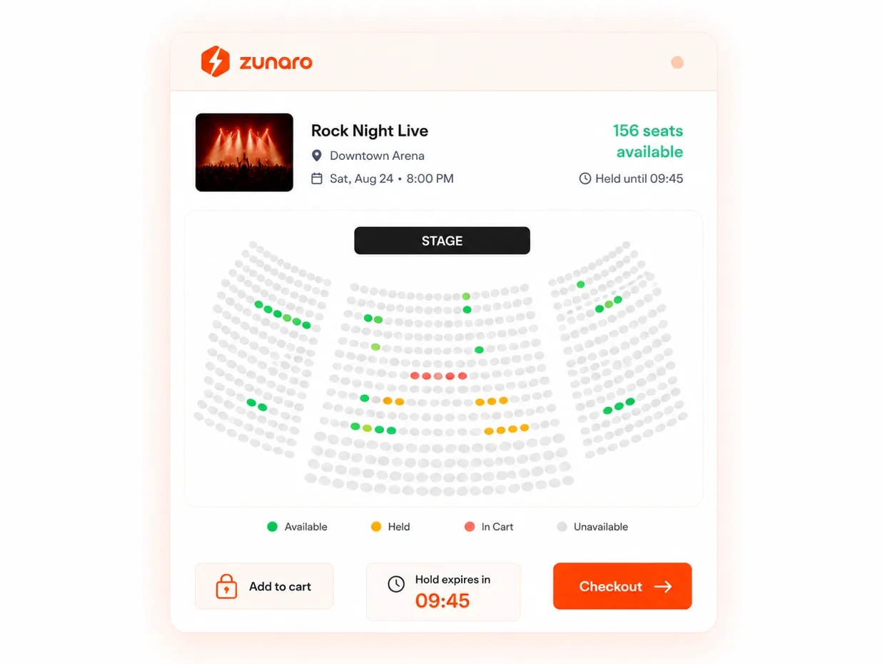An interactive seat picker rendered inline for Rock Night Live at Downtown Arena — a stage-facing map colour-coded for available, held, in-cart and unavailable seats, with 156 seats available, a hold countdown, and add-to-cart and checkout buttons