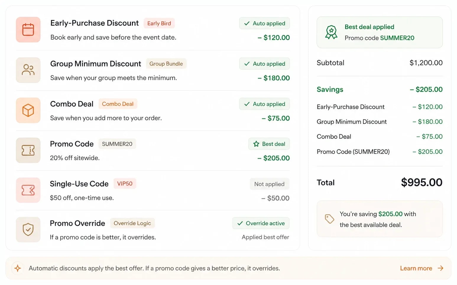 Pricing engine listing early-purchase, group-minimum, combo, promo-code and single-use discounts with auto-applied badges, a promo-override rule, and a savings summary picking the single best deal