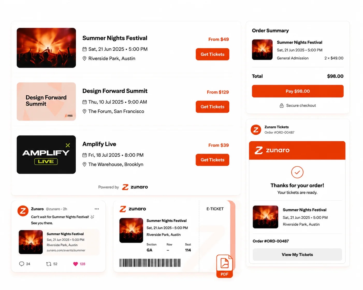One brand carried across every surface — the storefront listing events, the checkout order summary behind a single secure Pay button, the confirmation email, the social share card, and a branded e-ticket PDF with its barcode and seat details