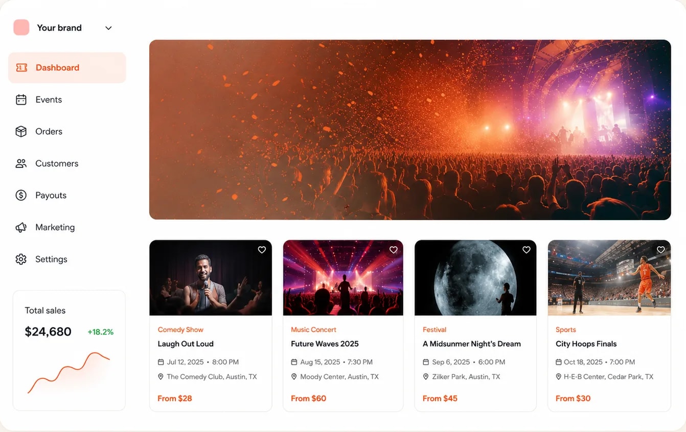 Your branded store dashboard — comedy, concert, festival, and sports events with prices in one catalog, alongside total-sales performance