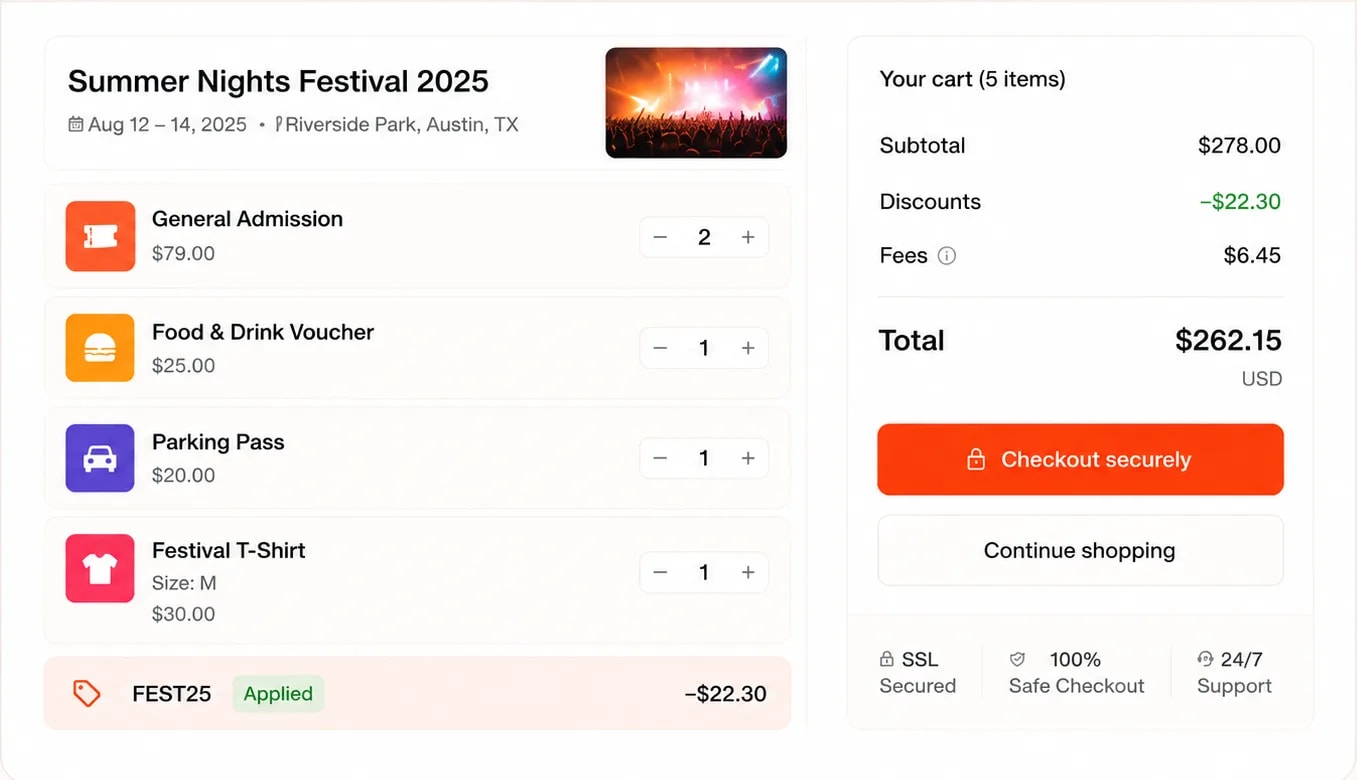 A storefront cart for Summer Nights Festival 2025 — tickets, add-ons, an applied promo code, and a secure checkout summary