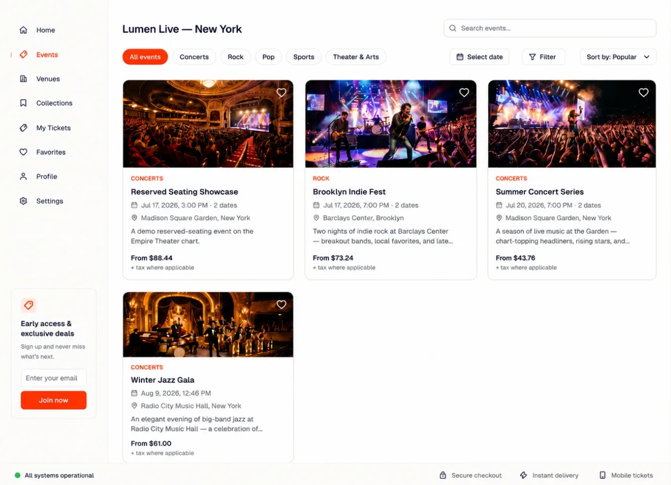 A branded Zunaro storefront — Lumen Live New York — listing concert events with category filters, prices, and a signup card