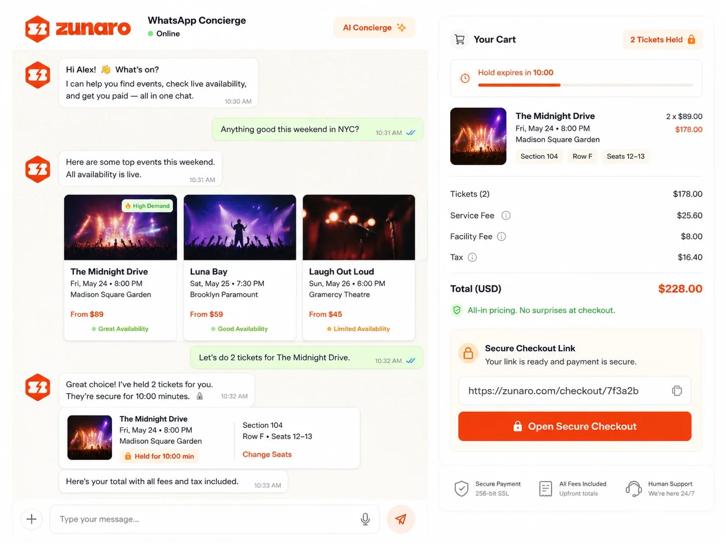 A concierge chat that finds this weekend's events with live availability, holds two seats in a named section and row for ten minutes, then itemises the cart — tickets, service fee, facility fee and tax to an all-in total — and hands over a secure checkout link to pay on the web rather than in the chat