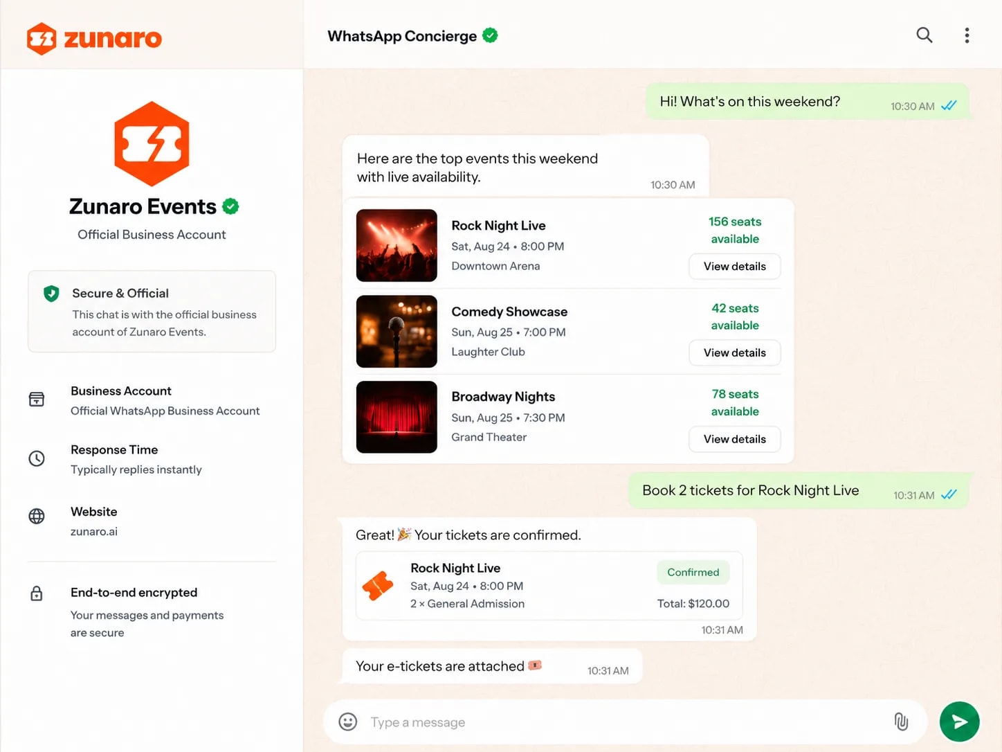 A WhatsApp thread with the store's official, end-to-end encrypted business account — the buyer asks what's on, books two general-admission tickets, gets a confirmed booking with the total, and the e-tickets arrive as an attachment in the same conversation