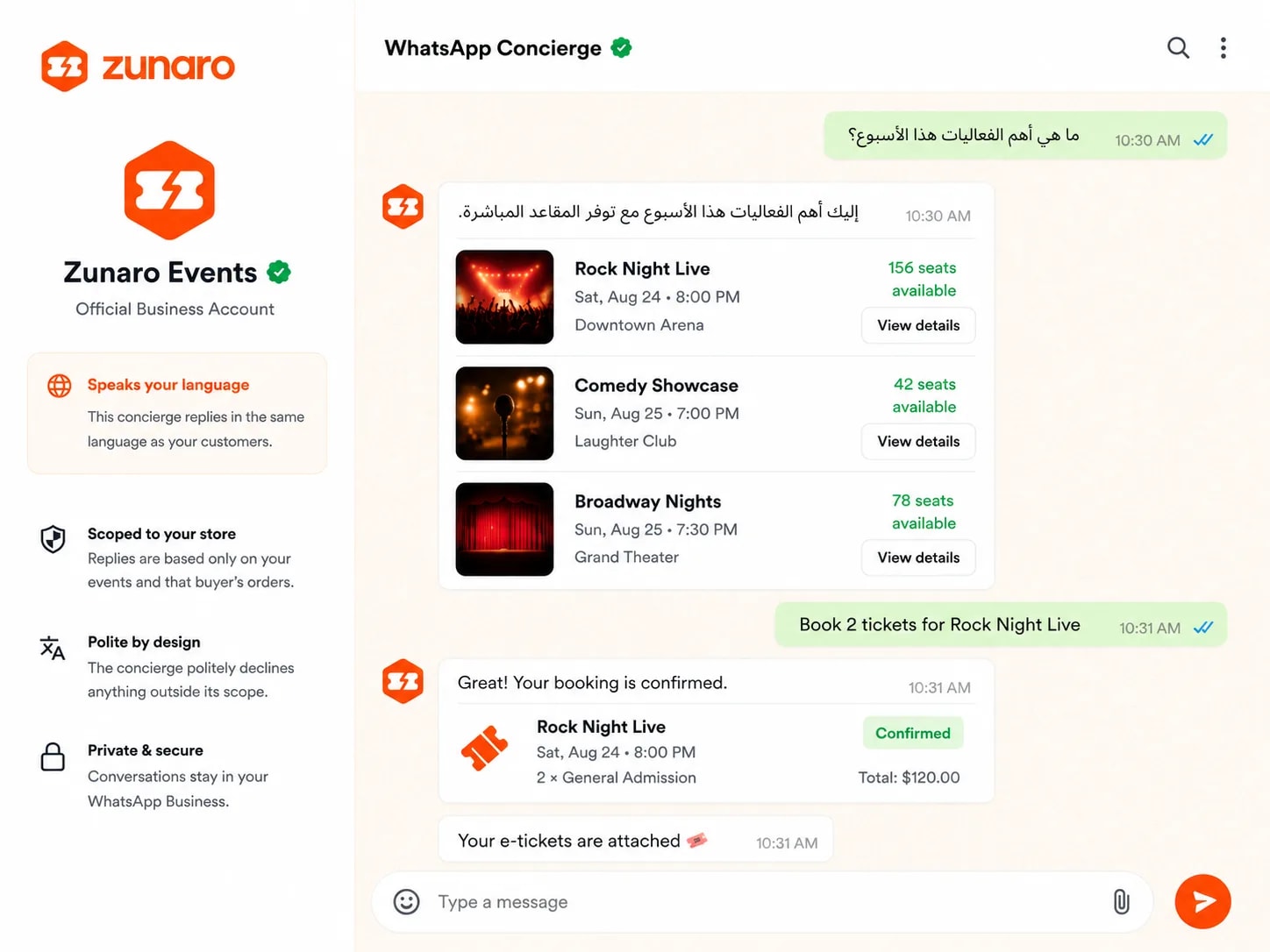 The concierge answering an Arabic enquiry in Arabic — listing this week's events with live seat availability and confirming a two-ticket booking with the e-tickets attached — beside notes that it replies in the customer's own language, stays scoped to the store's events and that buyer's orders, and politely declines anything else