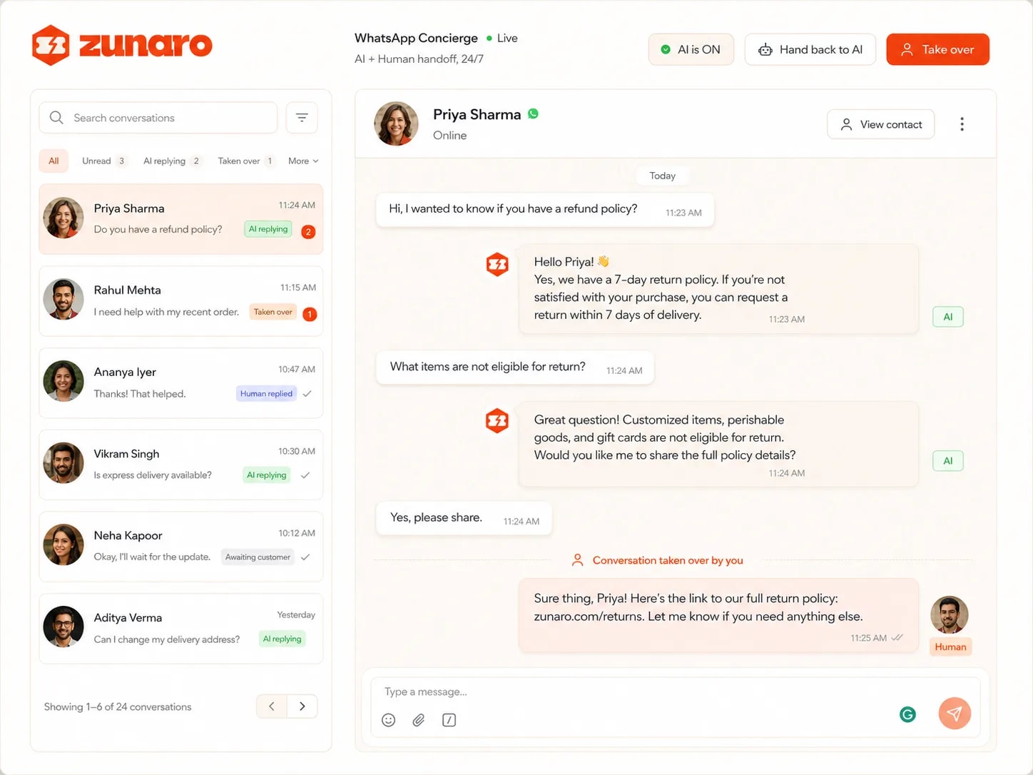 A WhatsApp Web–style inbox filtering conversations by unread, AI replying and taken over, with each reply in the open thread labelled AI or Human and a divider marking where the conversation was taken over by a person — alongside controls to keep the AI on, take over, or hand back to AI