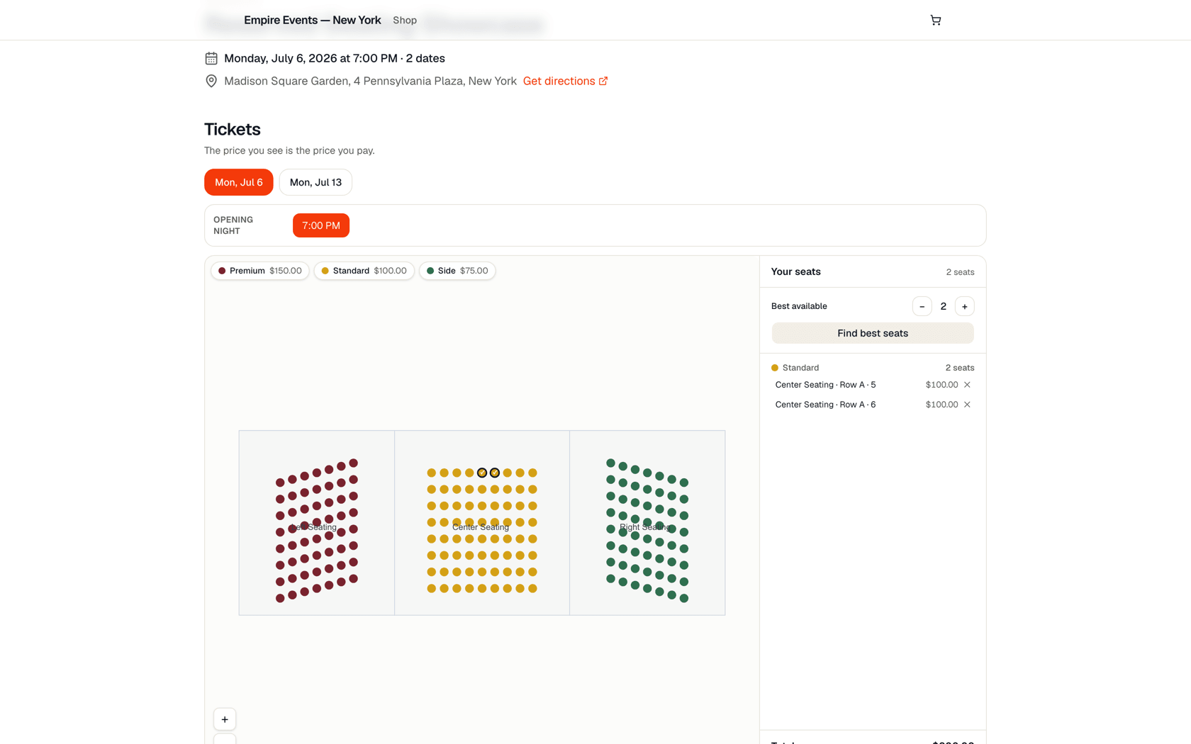 Buyer seat picker auto-selecting contiguous seats, with the category legend and an itemised price rail