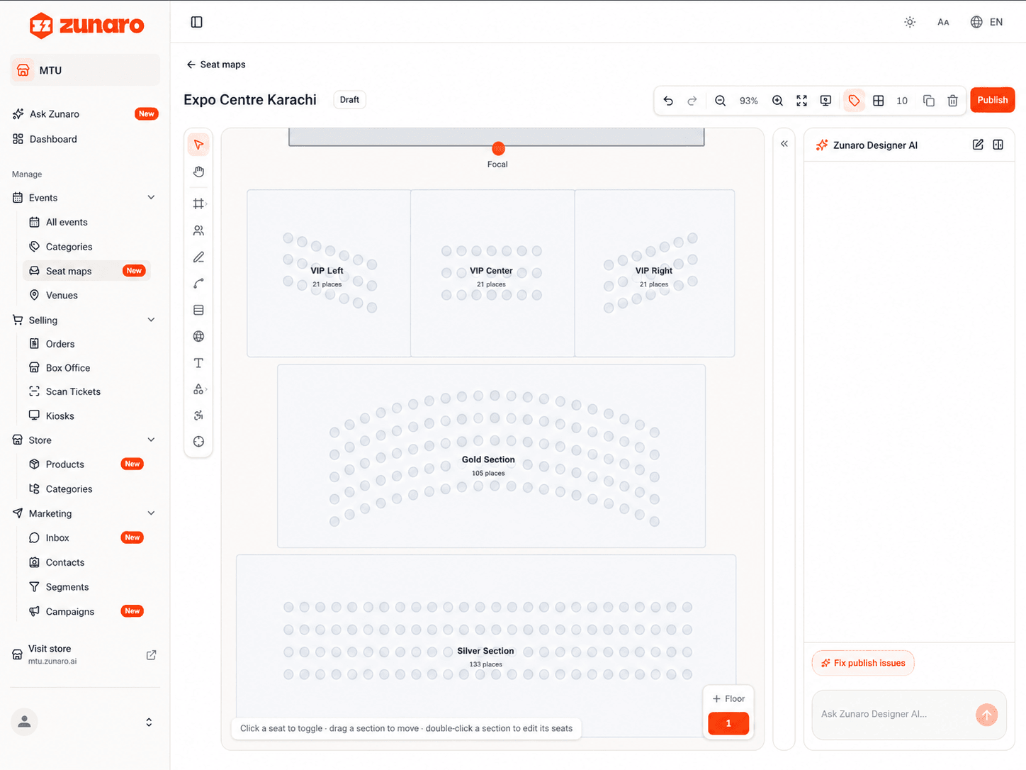 Zunaro seat-map designer: a color-coded theater chart with the Zunaro Designer AI copilot docked alongside