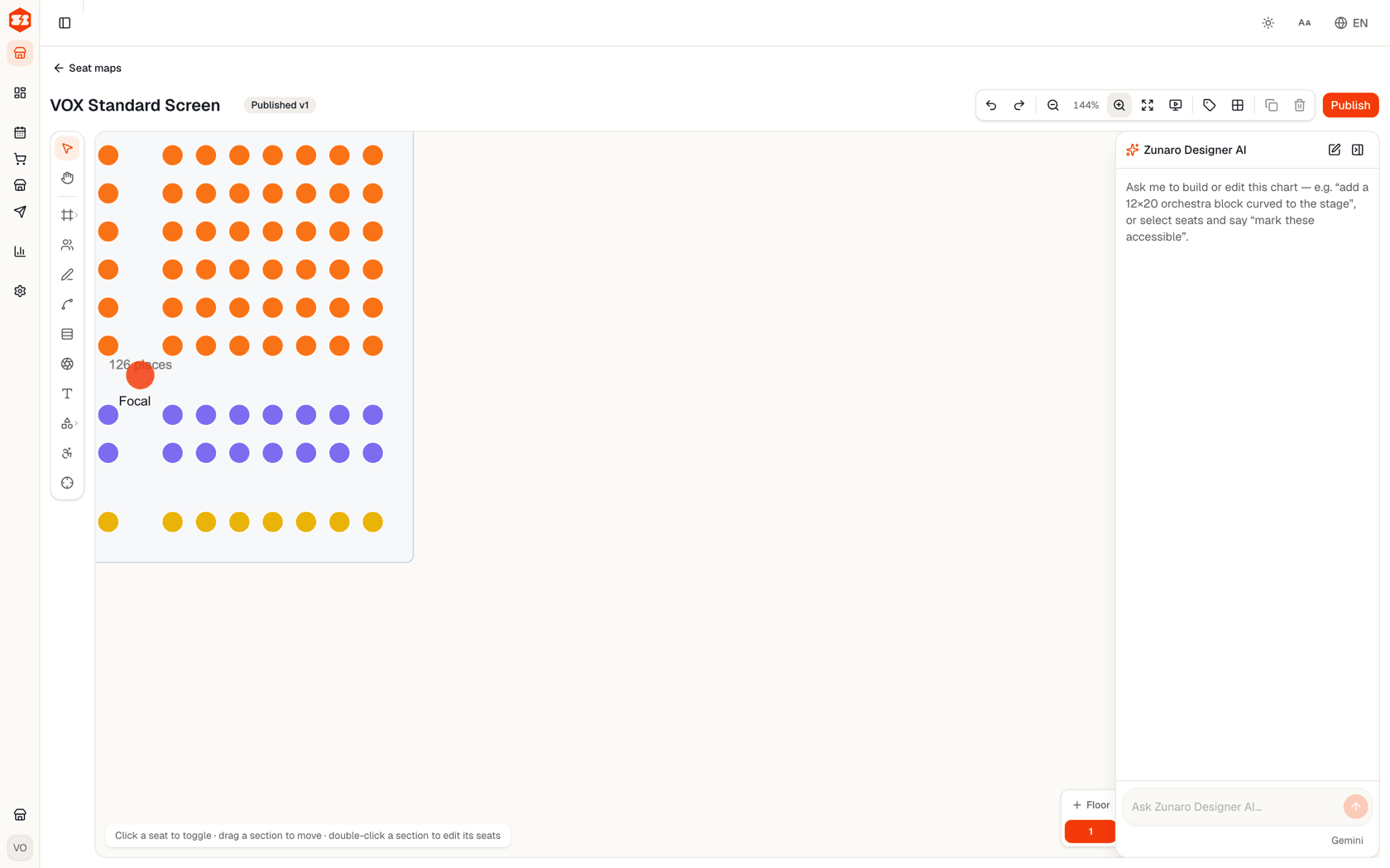 The designer editing a cinema chart with seats grouped into colored seat categories