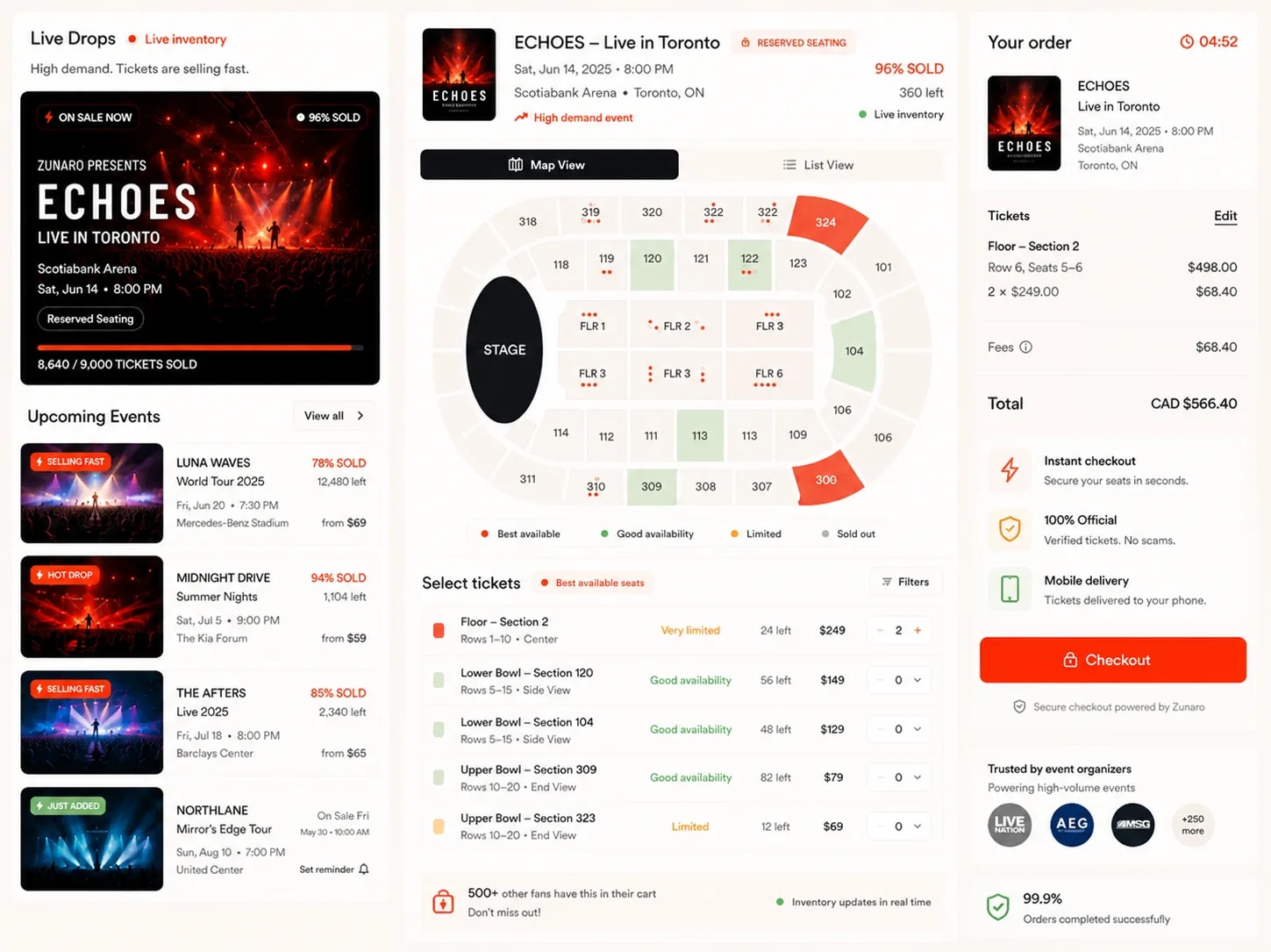 Zunaro concert ticketing for ECHOES Live in Toronto — a live-drops rail with on-sale and sold-percentage badges, a real-time arena seat map with best-available/limited/sold-out sections, a ticket list with per-section pricing and live inventory, and an order summary ready for instant checkout