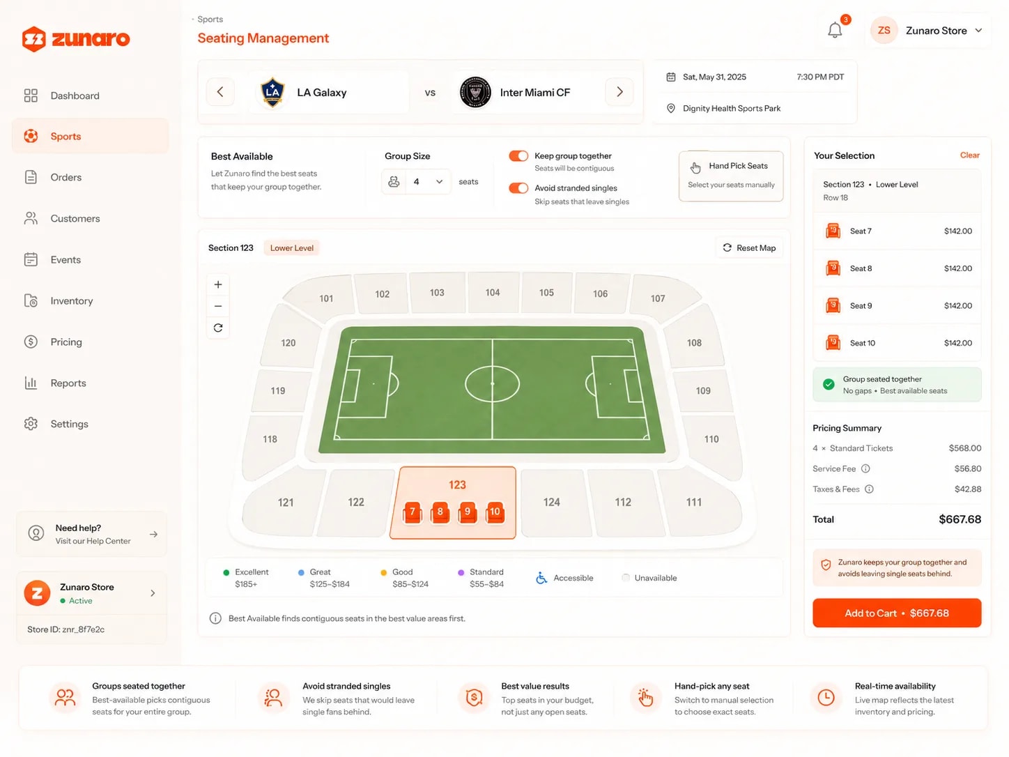 Best-available seat selection for a group at a football fixture — a group size chosen with keeping the party together and avoiding stranded singles both switched on, or hand-picking seats instead; a live stadium map with every section around the pitch and one lower-level section opened to show the four consecutive seats picked, shaded by value band from excellent down to standard with accessible and unavailable seats marked; and the running selection alongside listing each seat and its price, confirming the group is seated together with no gaps, and totalling the tickets, service fee and taxes into one basket, under a note that best available looks for contiguous seats in the best value areas first