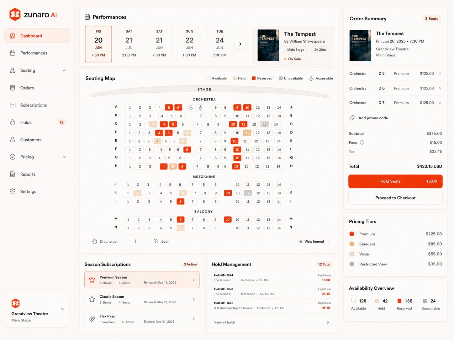 Zunaro theatre ticketing for The Tempest at Grandview Theatre — a performances rail with dated showtimes, a color-coded orchestra/mezzanine/balcony seating map with held and reserved seats, season subscriptions and hold management with expiry countdowns, pricing tiers per seat category, and an order summary ready for checkout