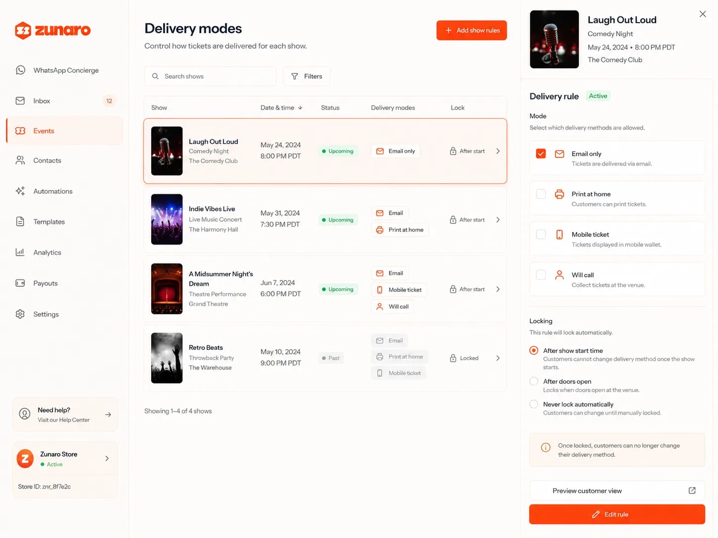 Delivery rules set show by show — a searchable list pairing each show, its date, time and venue with the delivery methods it allows and when those lock: a comedy night restricted to email only, a live-music concert offering email or print at home, a theatre performance adding mobile ticket and will call, each locking after the show starts, and a past throwback party greyed out and already locked; and the selected show's rule open alongside, ticking which of email, print at home, mobile wallet and will call are permitted, choosing whether the rule locks after the show starts, once doors open, or never, with a warning that customers cannot change their delivery method after locking, plus links to preview the customer view or edit the rule