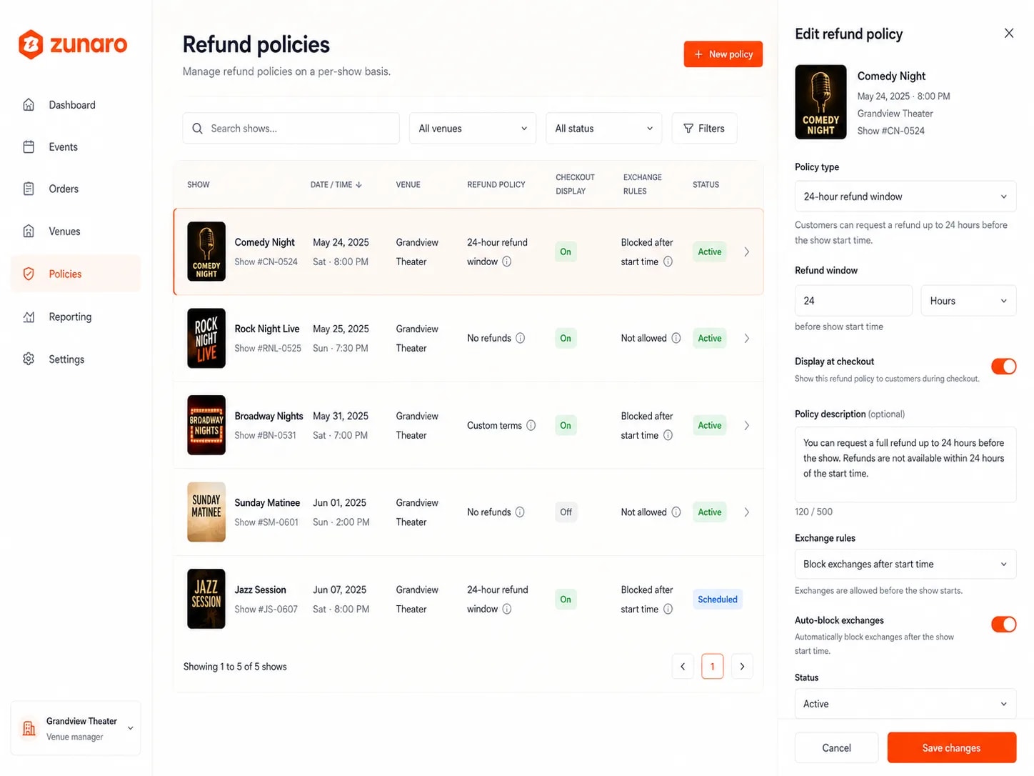 Refund policies managed show by show — a searchable, filterable list giving each show its date, venue and policy, some on a 24-hour refund window, one on custom terms and others on no refunds at all, with whether the policy shows at checkout, whether exchanges are blocked after the show starts, and whether the policy is active or scheduled; and one show's policy open for editing alongside, choosing the policy type and the refund window in hours before start time, toggling whether customers see it during checkout, holding the wording they will read, setting exchange rules to block after start time, switching on automatic blocking once the show begins, and setting the policy's status