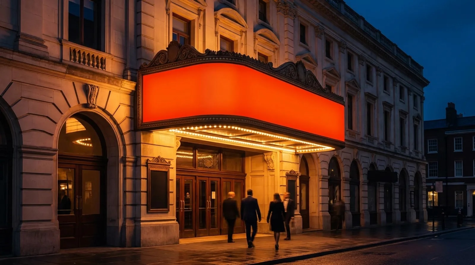A boutique theatre facade at dusk with a blank, warmly glowing marquee waiting for a brand