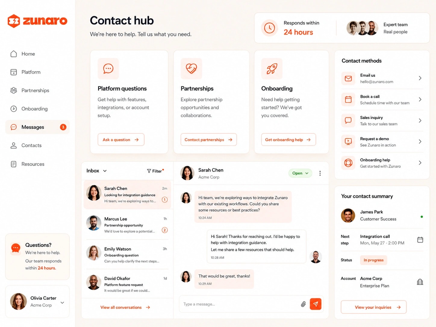 The Zunaro contact hub — routes for platform questions, partnerships, and onboarding, a 24-hour response promise, contact methods for email, booking a call, sales, a demo and onboarding help, plus a live conversation inbox with an open thread and a contact summary showing the assigned customer-success owner and next step