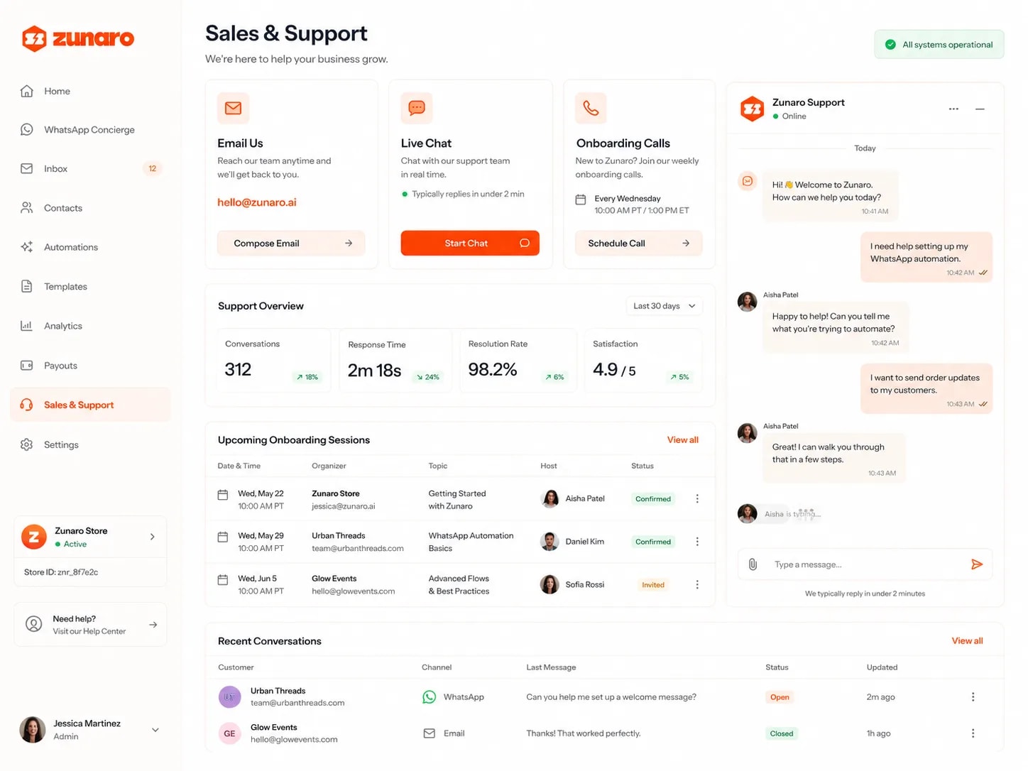 Three ways to reach the team, side by side — email, live chat with its typical reply time, and the weekly onboarding call for organizers new to the platform, given in both coasts' time; a support overview of conversations handled, median response time, resolution rate and satisfaction over the last month; the next onboarding sessions listed with their date, the organizer attending, the topic, who is hosting and whether the seat is confirmed or still invited; recent conversations showing which channel each came in on, the last message and whether it is open or closed; and a live chat thread running alongside where an organizer asks for help automating order updates and a support engineer walks them through it