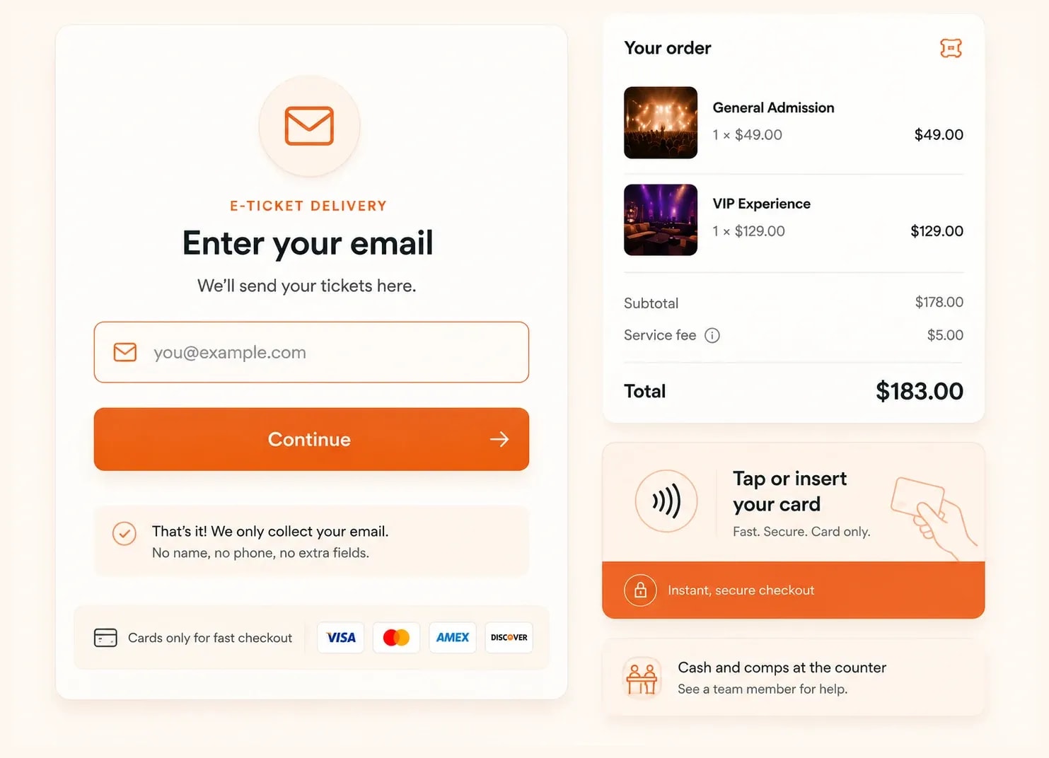 A kiosk checkout step asking only for an email for e-ticket delivery, with a Continue button and a no-spam reassurance, beside the order summary and accepted card brands