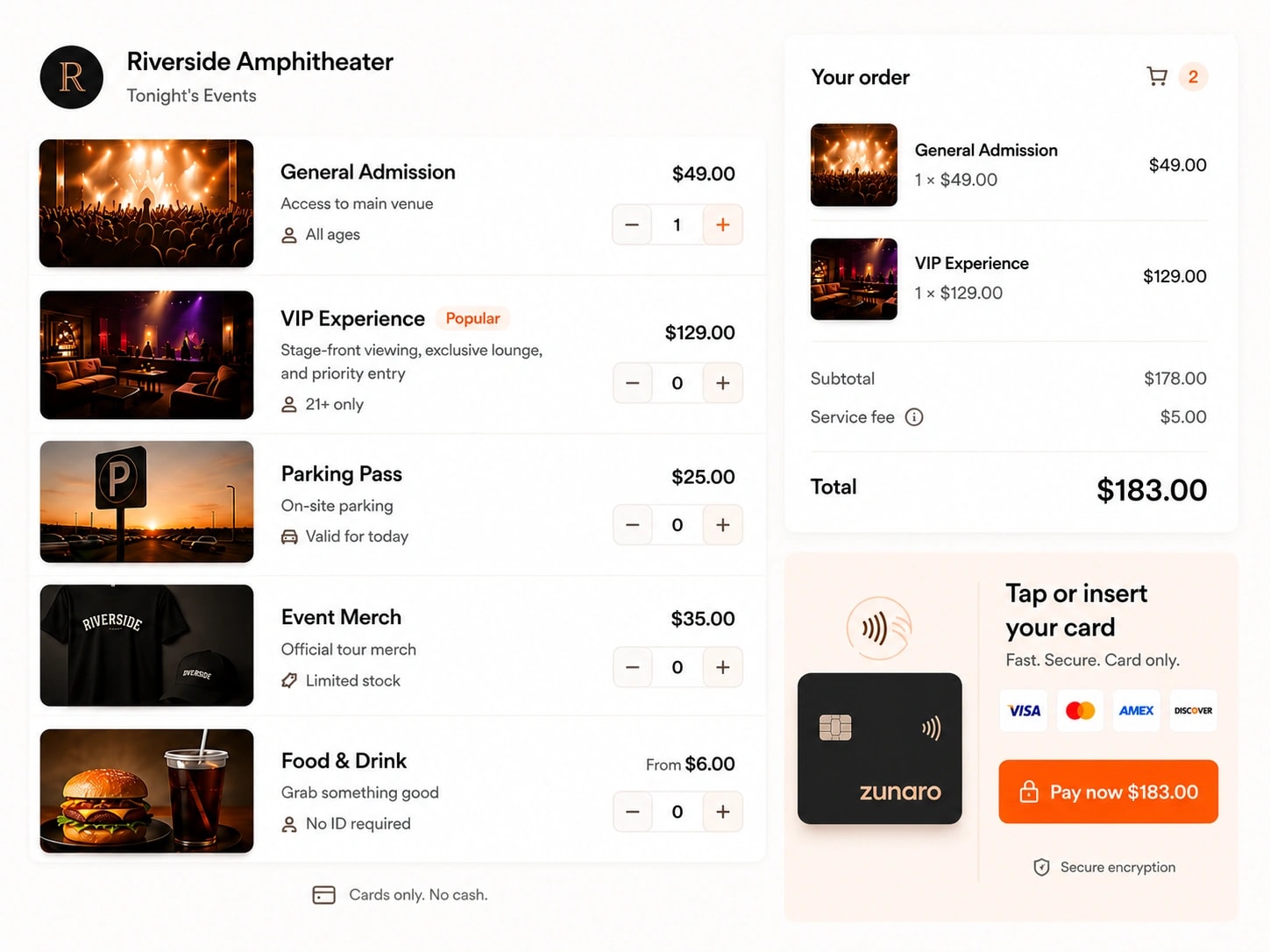 A self-service point-of-sale checkout listing General Admission, VIP Experience, Parking, Event Merch and Food & Drink with quantity steppers, a live order summary totaling $183.00, and a tap-or-insert card reader with a Pay now button