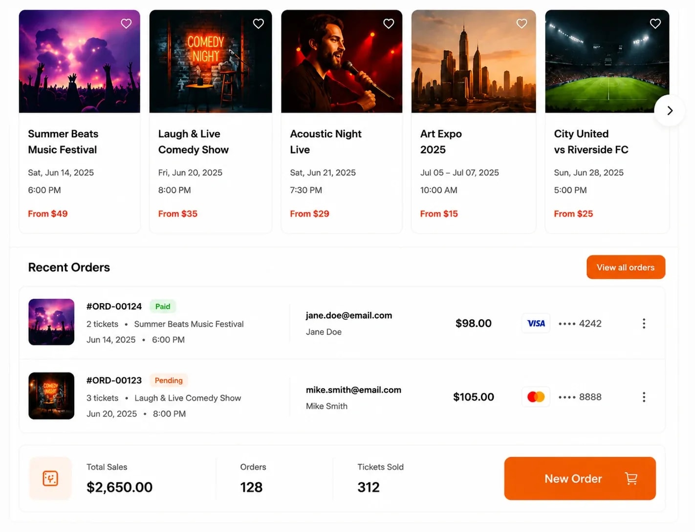 A point-of-sale dashboard with an events carousel, recent orders with buyer email, card brand and status, and a sales summary showing total sales, orders and tickets sold with a New Order button