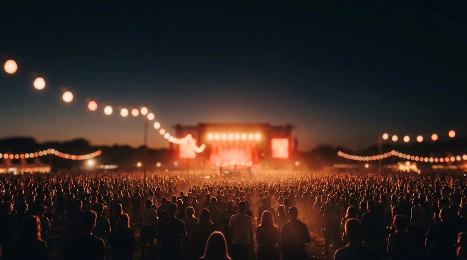 A festival crowd at dusk facing a warmly lit main stage under strings of lights